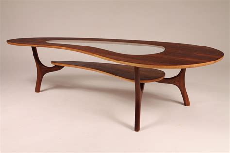 1960 Walnut Coffee Table Kidney Shaped With Center Glass Top Fully