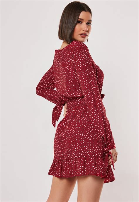 Red Ruched Button Side Polka Dot Tea Dress Missguided