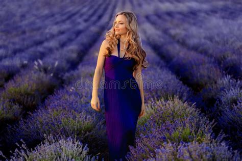 Beautiful Girl On The Lavender Field Beautiful Woman In The Lavender Field On Sunset Stock