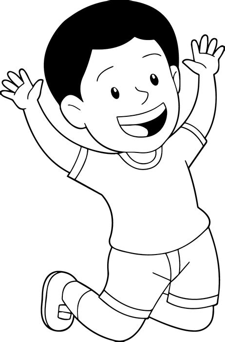 Children Black White Boy Jumping In The Air Happily Clipart
