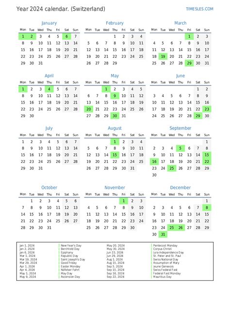 Calendar For 2024 With Holidays In Switzerland Print And Download