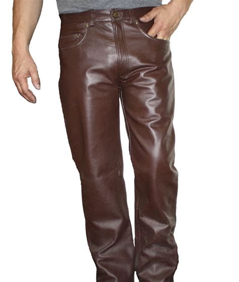 Mens Leather 5 Pockets Jeans Brown Color Cowhide Leather Pants Style