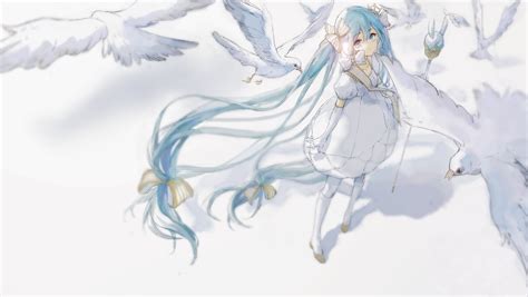 Wallpaper Birds Hatsune Miku White Dress Twintails Yuki Miku