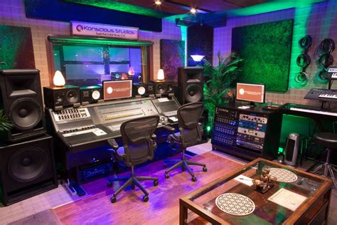 A Recording Studio With Sound Equipment And Lights