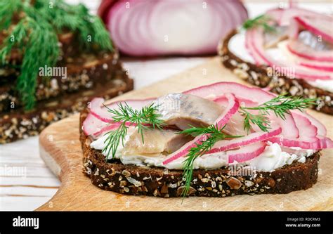 Open Sandwich With Salted Fish Herring Mackerel Cottage Cheese