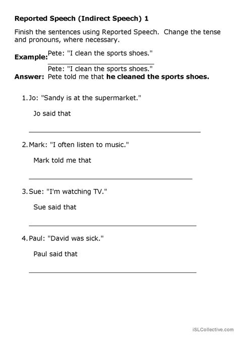 Direct Speech To Reported Speech English Esl Worksheets Pdf Doc