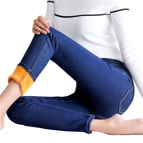 Women Denim Jeans Crop Fleece Lined Pants Stretch High Waist Slim Skinny T Ebay