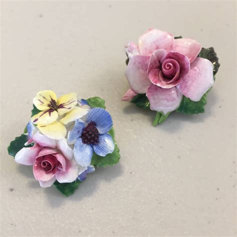 Porcelain Flower Pins Made By Crown Staffordshire England Set Of 2