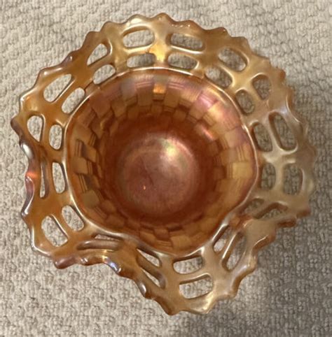 Fenton Carnival Glass Open Edge Basket Weave Bowl Marigold Vintage Ebay