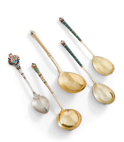 Five ChamplevÉ And CloisonnÉ Enamel Parcel Gilt Silver Spoons Various