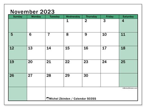 Calendar November 2023 Economic Green Ss Michel Zbinden Gb
