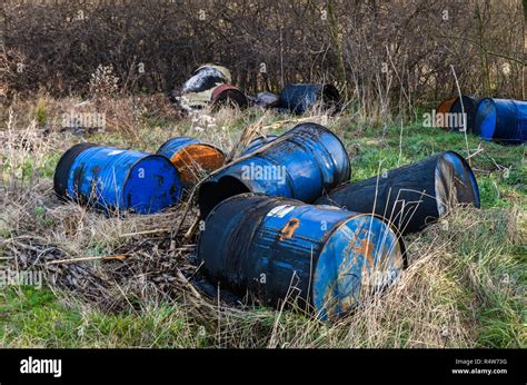 Barrels Of Toxic Waste In Nature Pollution Of The Environment Stock
