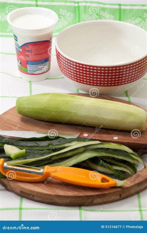 Preparing Cucumber Salad With Sour Cream And Garlic Stock Image Image