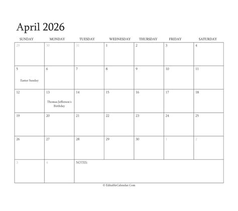April 2026 Editable Calendar With Holidays