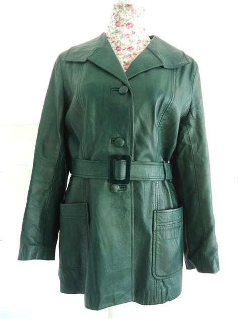 Womens Vintage Green Leather Coat Jacket Belted Boho Mod Gogo By