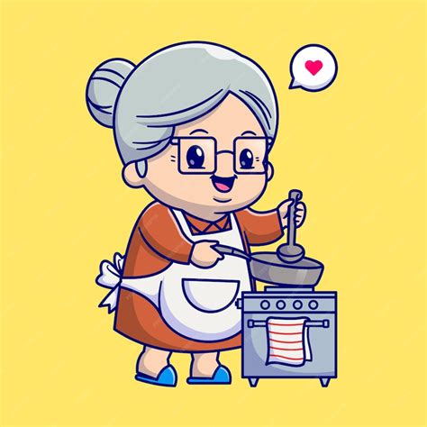 Linda Abuela Cocinando En La Ilustración De Icono De Vector De Dibujos Animados De Cocina