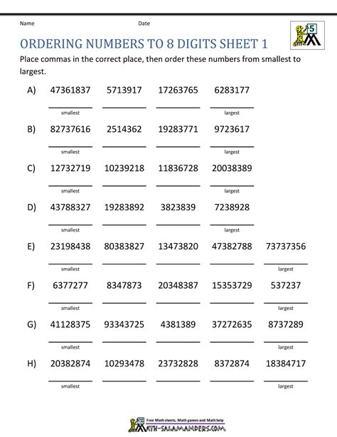 Comparing Large Numbers Worksheets