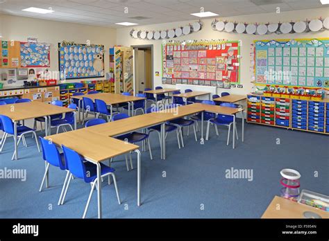 A Classroom In A Newly Built Uk Junior School Shows Desks Chairs And