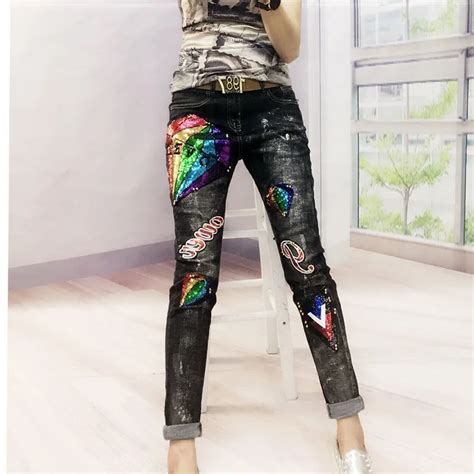 2018 New Europe Fashion Sequins Jeans Women Denim Embroidered Flares Elasticity Jeans Woman