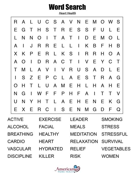 Word Search Heart Health Health Words Heart Health