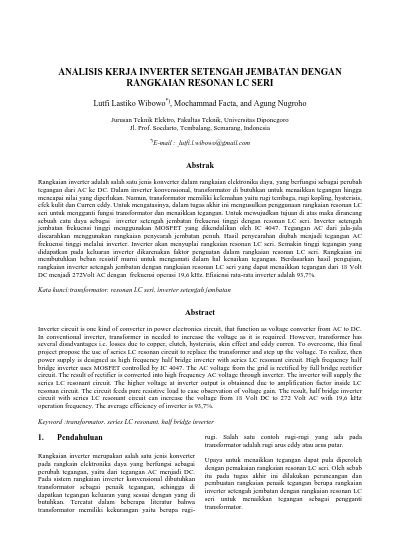 Analisis Kerja Inverter Setengah Jembatan Dengan Rangkaian Resonan Lc Seri