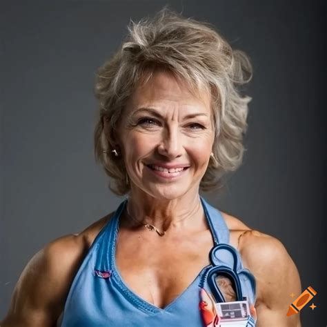 Portrait Of A Mature Female Bodybuilder In A Medical Uniform