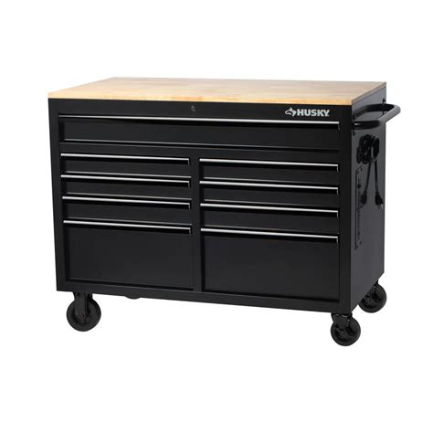 Rolling Tool Box 9 Drawer Workbench Solid Wood Top Black Sturdy 46 W X