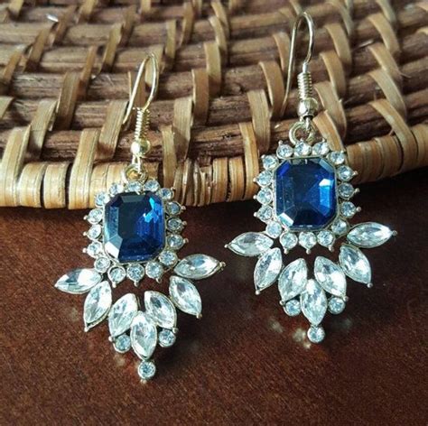 Sapphire Blue Rhinestone Chandelier Earrings Clear Chrystal And Gold