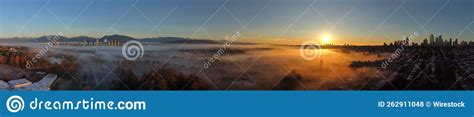 Panoramica Aerial View Of Foggy Sunrise Over Burnaby Vancouver Canada