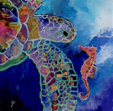 Sea Turtle And Seahorse Reverse Acrylic Painting By Marionette From