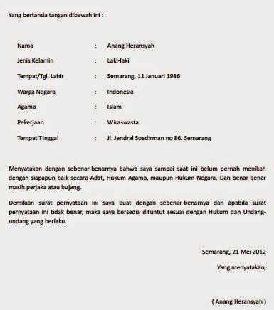 Pada kesempatan kali ini kita masih akan belajar materi mengenai surat, yaitu contoh surat pernyataan. Contoh Surat Pernyataan Belum Menikah yang Baik Dan Benar