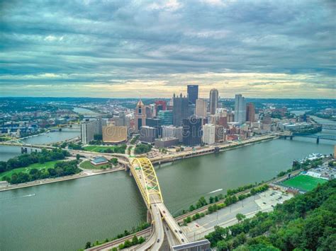 Aerial View Of Pittsburgh Downtown Skyline With Bridges On Under