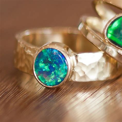 Crystal Opal 9k Gold Ring Hammered Band Lost Sea Opals