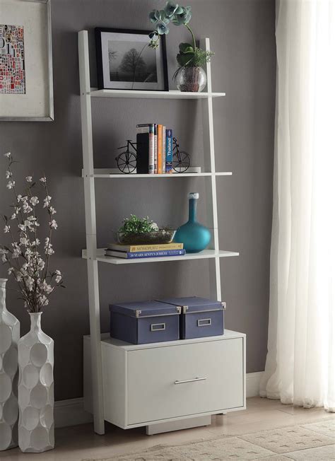 Brightmoom American Heritage Ladder Bookcase With File Drawer White