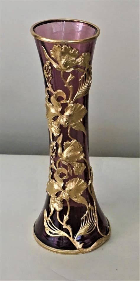 Pair Of Art Nouveau Glass Vases With Flower Bronze Overlay At 1stdibs