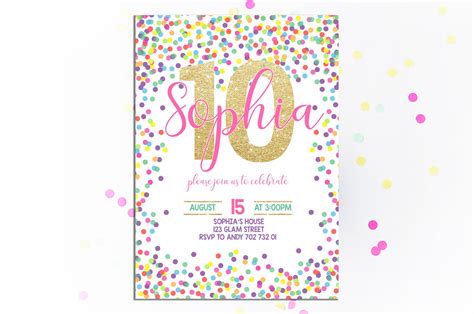 10th Birthday Invitation Girl Birthday Invite Confetti Etsy