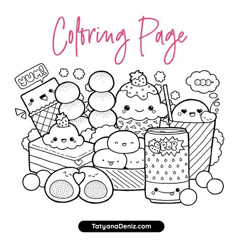 Kawaii coloring pages cute food. Free coloring page with kawaii food doodle (Printable PDF)