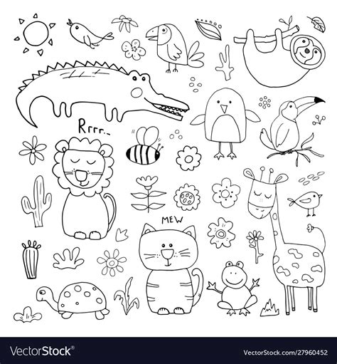 Animal Doodles Set Cute Animals Sketch Hand Drawn Vector Image
