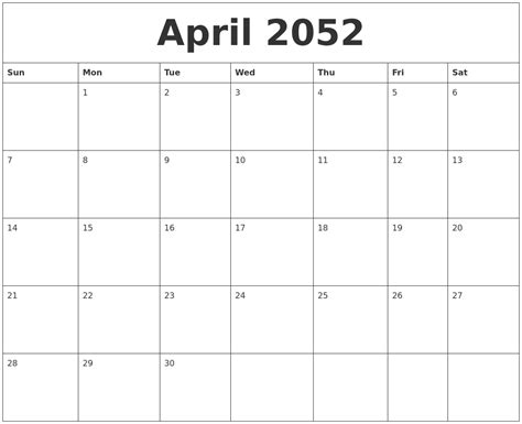 April 2052 Free Monthly Calendar Template