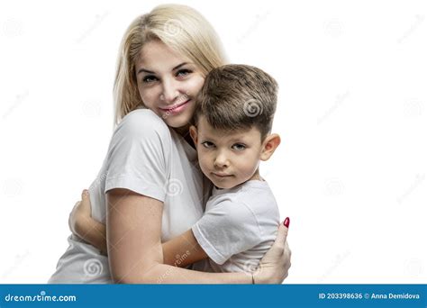 Mom And Son Hug Tenderly Love Understanding And Tenderness Close Up