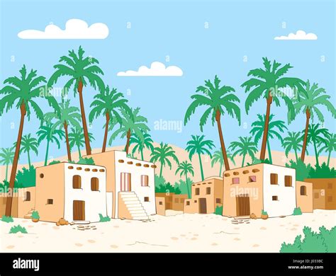 Desert Village With Palm Tree In Oasis Vector Illustration Stock