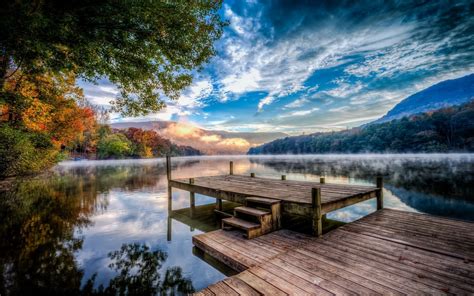 Lake Nature Sunset Mountain Fall Pier Forest Mist Water Reflection Sky