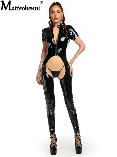 uaang hot erotic sexy crotchless latex bodysuit double zipper lingerie for women breast exposing
