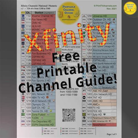 Comcast Xfinity Printable Channel Guide Nationwide Alphabetic