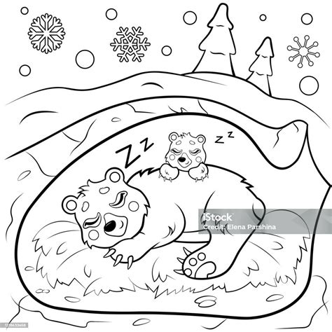 Stock Ilustrace Roztomilý Kreslený Spící Medvědi V Doupěti V Zimě