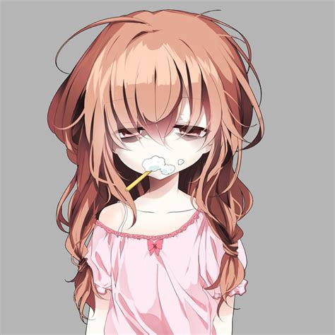 Tired Anime Girl Toothbrush And Toothpaste In Her Mouth Manga Anime