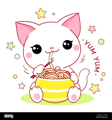 Cute White Cat Eat Ramen Noodles Inscription Yum Yum Kawaii Little