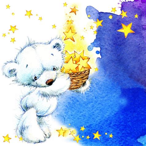 White Teddy Bear And Night Stars Background Watercolor Stock