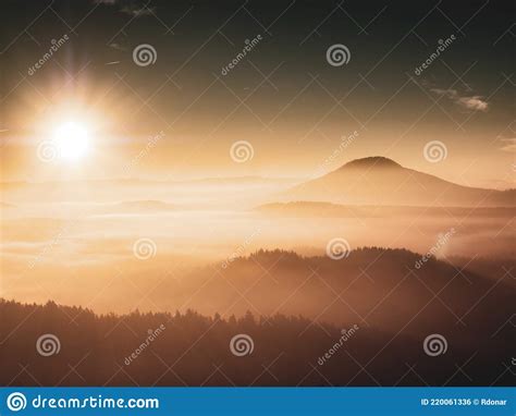 Orange Mist Above Pure Nature Landscape Romantic Morning Stock Photo