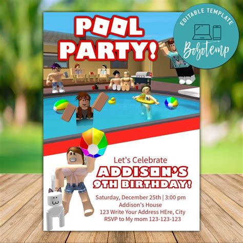 Printable Roblox Pool Party Invitation Instant Download Createpartylabels